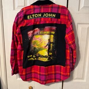 Elton John  Back Piece Upcycled Graphic T-Shirt & Flannel - Size Women’s Large